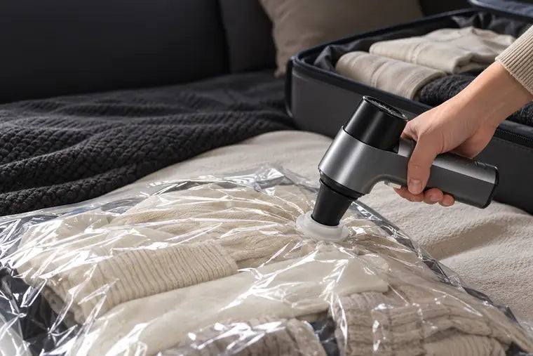 AirSprint Ultra positioned on the matching valve of a clothing storage bag beside a suitcase