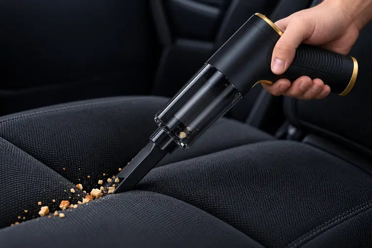 AirSprint Apex with its flat crevice nozzle lifting dry crumbs from a car seat seam